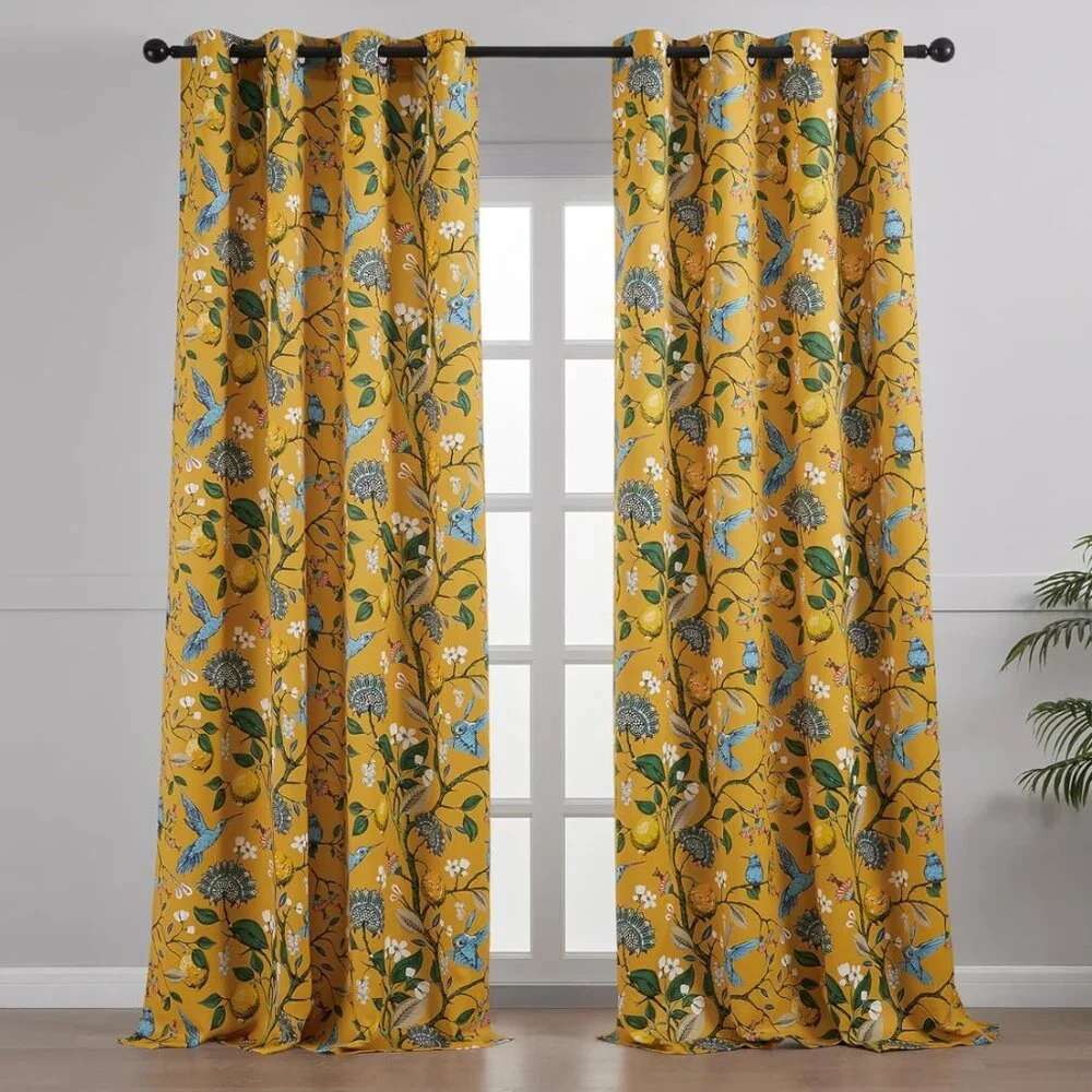 Floral Lemon Hummingbird Curtains Patterned Waverly Mid-Century Style
